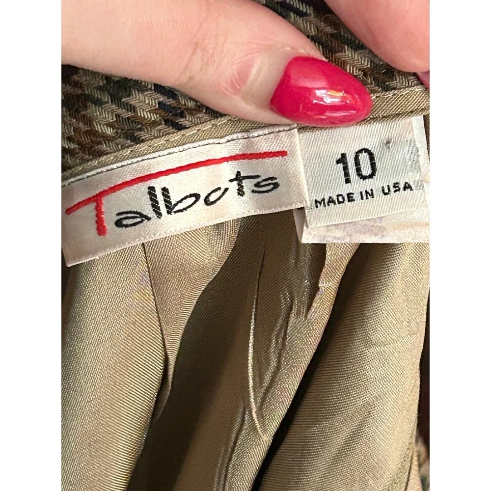 Talbots Vintage 100% Wool Houndstooth Pencil Skirt Brown Blue Plaid 10 Winter